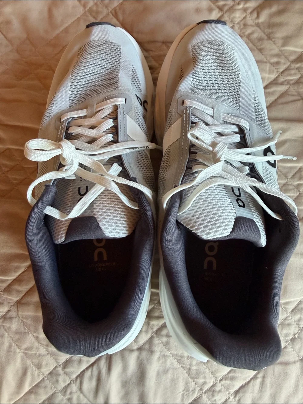 On Running White and Grey Women's Cloudsurfer Next Running Sneakers